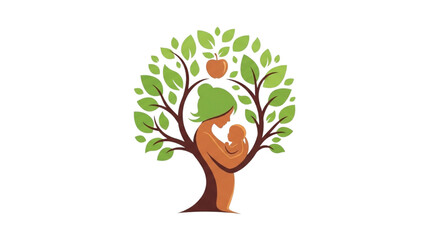 A mother tenderly holds her child amidst lush greenery in a serene tree illustration