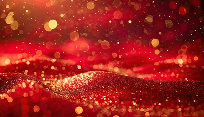 Fototapeta premium Vibrant red fabric texture with sparkling glitter and warm golden bokeh lights.