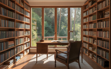 Fototapeta premium Serene home library with a cozy reading nook and abundant natural light