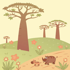 Whimsical African savanna scene with cartoon-style baobab trees, cute rhino and hippo characters, and colorful wildflowers. © Tik