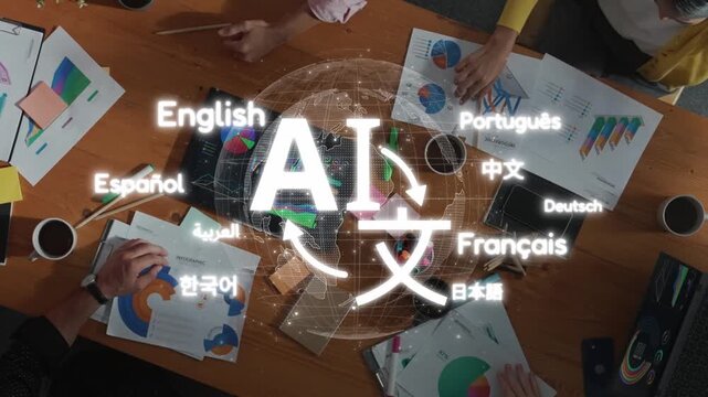 A diverse group engages in collaborative work within a modern office, highlighting the importance of AI tools and multilingual communication for global connectivity. Raster