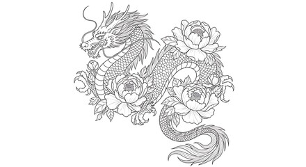 Chinese dragon and peonies illustration