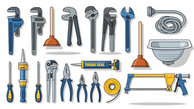 Colorful vector illustration of various plumbing tools and equipment for repair work