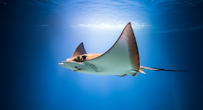 Stingray swimming in deep blue water
