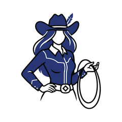 Vector portrait of a striking cowgirl with flowing hair wearing a cowboy hat and vest, rendered in a bold, graphic style with flat colors and clean lines, evoking a sense of Western strength