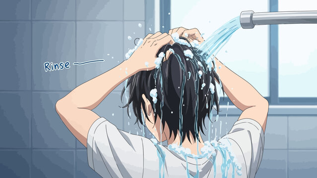 Man rinsing shampoo out of his short black hair under a shower head