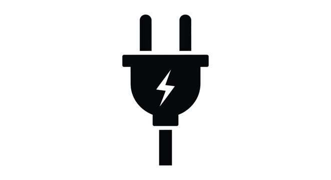 Black vector graphic illustration of an electrical power plug icon with lightning symbol