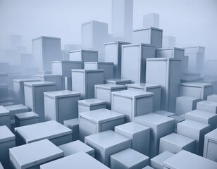 Obraz premium A futuristic cityscape composed of numerous gray boxes and rectangular structures in a hazy atmosphere
