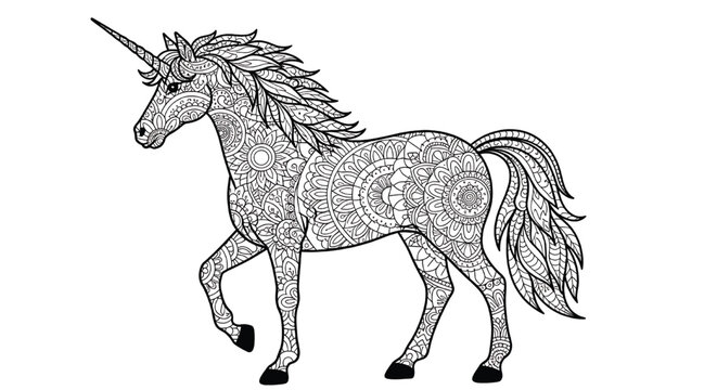 Unicorn zentangle line art with intricate floral mandala patterns, fantasy horse outline for coloring page isolated