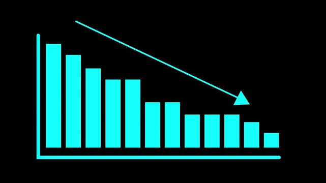 Down indicator arrow bar graph with an arrow on black, suitable for finance reports, data analysis presentations, business infographics, market trends.