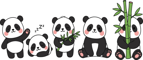 Cute panda bear cartoon illustration set showing playful poses with bamboo for kids designs, nursery art, animal themes, and adorable vector artwork © sumi
