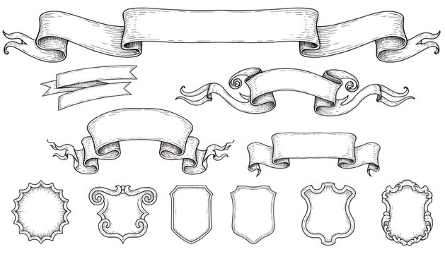 Ribbons hand drawn set with vintage scroll banners and ornate label frames in engraved line art style isolated on white