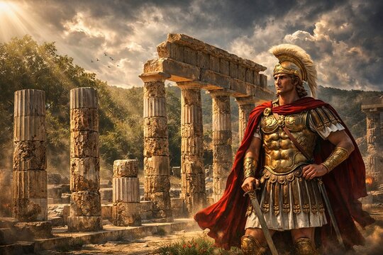 Dramatic image of Alexander III, known as the Great, in the ruins of the palace of Aigai, in Macedonia, Greece, where he was crowned king of Macedon