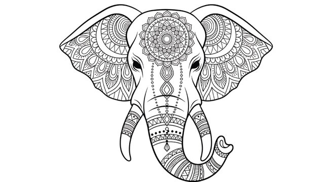 Elephant head mandala line art with ornate zentangle patterns, tribal ornament details, boho tattoo style coloring page illustration