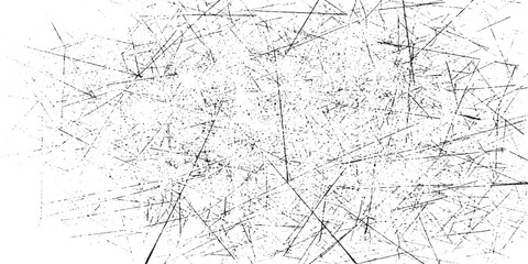 Chaotic Black Distressed Scratches and Speckles Grunge Texture on White, Creating an Intense and Dynamic Abstract Overlay for Rough Design Effects.
