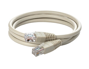 A coiled, light-colored ethernet cable with two clear RJ45 connectors