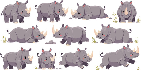 Cute Rhinoceros Character Vector Set with Various Poses Including Running, Standing, and Sitting for Wildlife Education, Childrens Books, and African Safari Animal Designs © MD