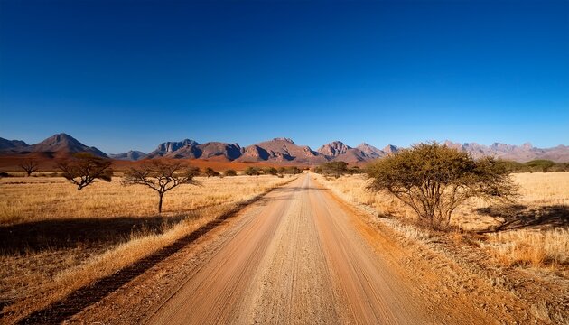 A Straight Unpaved Road Leads Toward Distant Mountain Peaks Under A Clear Blue Sky Sparse Trees Dot The Arid Landscape
