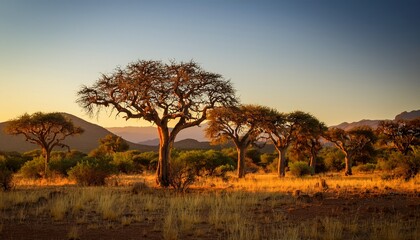 Obraz premium Marula Trees Laden With Fruit Dominate The South African Landscape Bathed In The Golden Hour S Enchanting Light