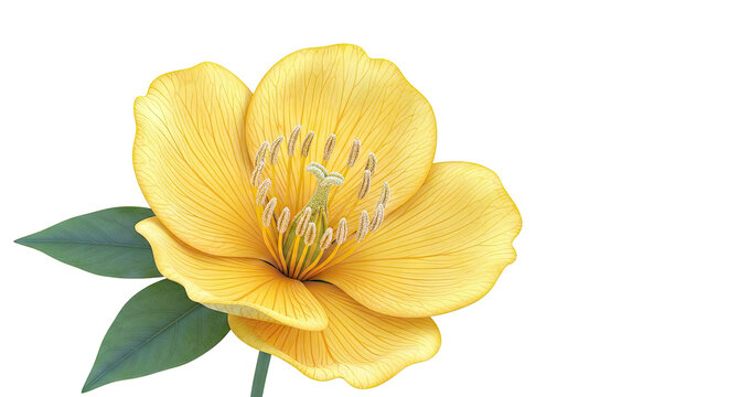 Detailed Yellow Flower with Green Leaves on White Background