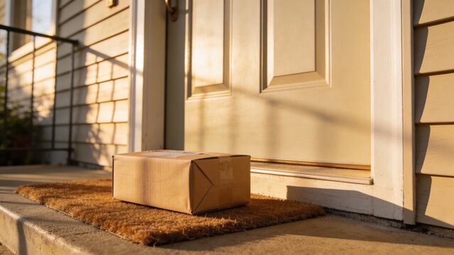 Small Parcel Delivered on a Doormat at the Front Door During Golden Hour