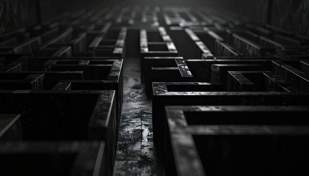 A dramatic, low-angle perspective down the dark, wet corridors of an imposing maze structure.