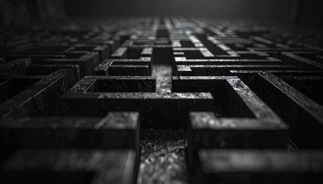 A dark, immersive view down the narrow pathways of a complex, textured maze.
