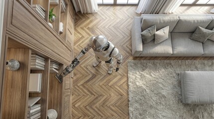 Obraz premium High angle view of a domestic humanoid robot vacuuming a shelf in a living room