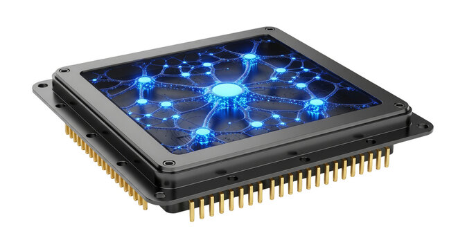 AI Processor Chip with Glowing Neural Network on White Background