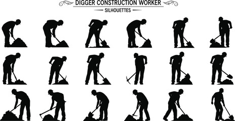 Set of black silhouettes of construction workers digging with shovels and pickaxes for manual labor ground works site preparation and industrial building projects © Md Joni Islam
