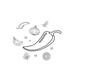 Naklejka premium Chili garlic kitchen ingredient line art set isolated on white background. Hand drawn red pepper onion parsley botanical outline illustration. Minimal cooking spice vector collection organic food.