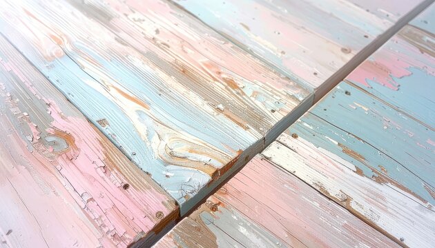 Close-up of weathered wooden planks with peeling pastel paint in pink, blue, and white.
