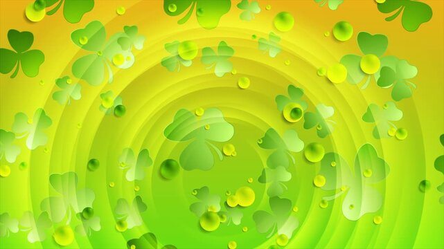 St Patrick Day green orange abstract background with shamrock leaves and glossy circles. Seamless looping motion design. Video animation Ultra HD 4K 3840x2160