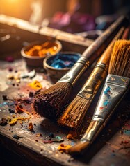Fototapeta premium Close-up of well-used paintbrushes and scattered pigments under warm light