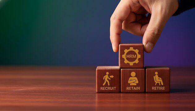 A hand places a wooden block labeled "HRM" on top of a base structure. The bottom blocks represent the employee lifecycle RECRUIT.