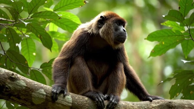 A majestic monkey perched on a tree branch surrounded by lush green leaves in a natural forest setting viewed from the side