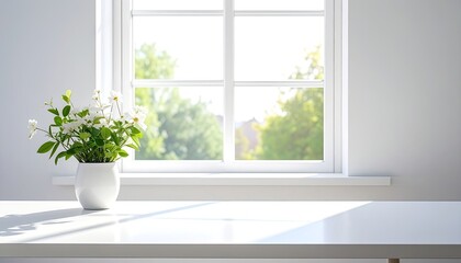 Fototapeta premium Bright minimal interior scene featuring white flowers on a clean white surface near a sunlit window.