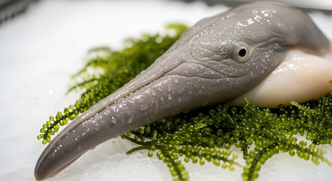 Fresh Raw Geoduck Clam Served on Green Sea Grapes and Ice
