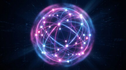 Obraz premium A vibrant digital illustration of a glowing network sphere with pink and blue lines and white dots on a dark background.