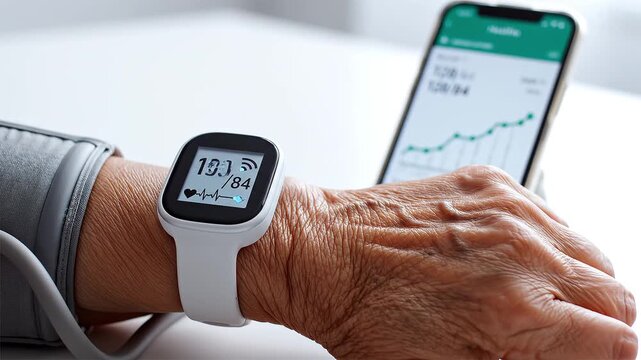 Elderly person's wrist wearing smart blood pressure monitor device displaying 128 over 84 reading