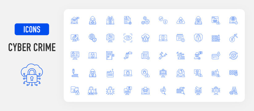 Cybercrime icon. Brute Force, Scam, Cyber Security, Firewall, Rootkit, Identity Theft, Botnet, Hacker, Phishing, Virus, Spyware, Ransomware, Ddos Attack, Malware, Data Breach vector illustration.