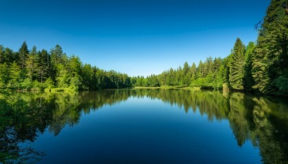 Fototapeta premium Serene Lake Reflects Lush Green Trees Under A Clear Blue Sky