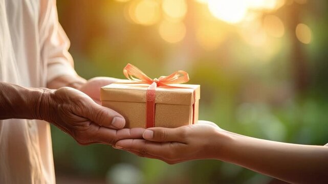 Generational Hands Exchanging Gift Box with Warm Bokeh Background