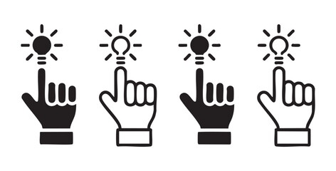 Fototapeta premium Light bulb icon with hand finger press indicating idea innovation inspiration symbol