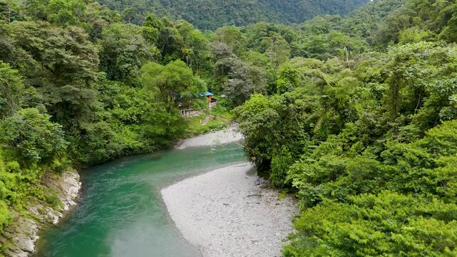A serene river bends through lush green trees in Buenaventura, Valle del Cauca, showcasing the vibrant natural beauty.