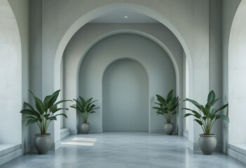 Modern minimalist interior with arched doorways and potted plants