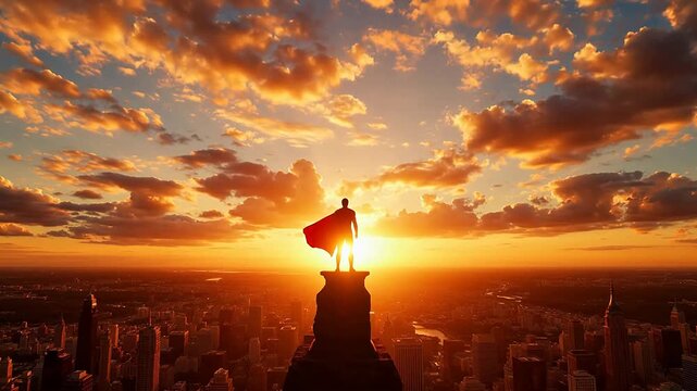 Superhero silhouette at sunset over city