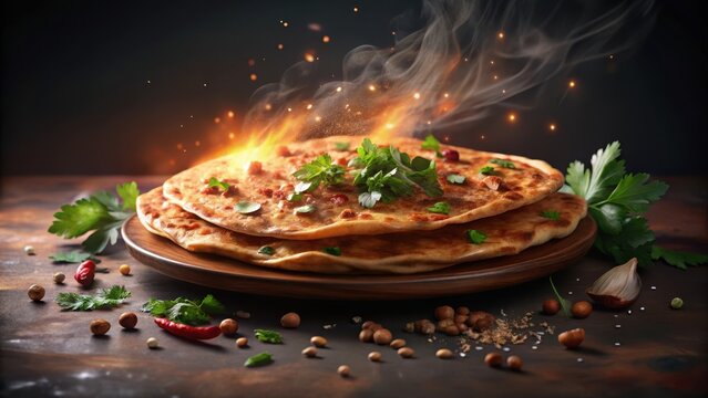 Spicy Indian flatbread garnished with toasted cumin seeds and fresh coriander leaves