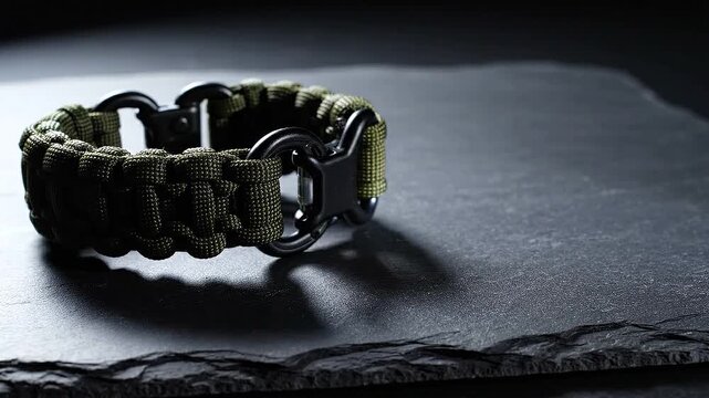 Tactical Paracord Bracelet with Black Metal Buckle on Dark Textured Surface Close Up Studio Shot