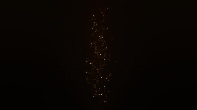 Orange nodes and lines connect and flow across a black background